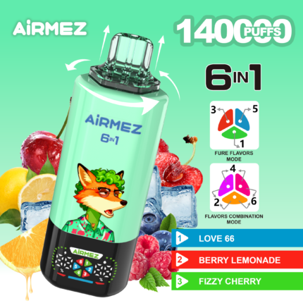 Airmez FOX 6 IN 1 140K Puffs Flavor 1 - Love 66, Berry Lemonade, Fizzy Cherry