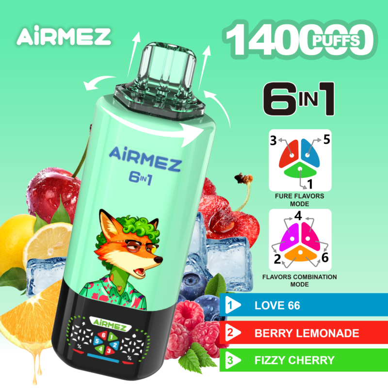 Airmez FOX 6 IN 1 140K Puffs Flavor 1 - Love 66, Berry Lemonade, Fizzy Cherry