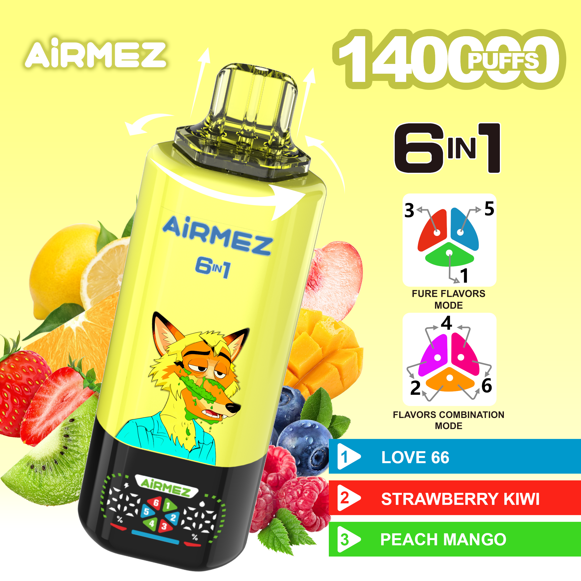 Airmez FOX 6 IN 1 140K Puffs Flavor 7 - Strawberry Ice, Pink Lemonade, Bingo Crush