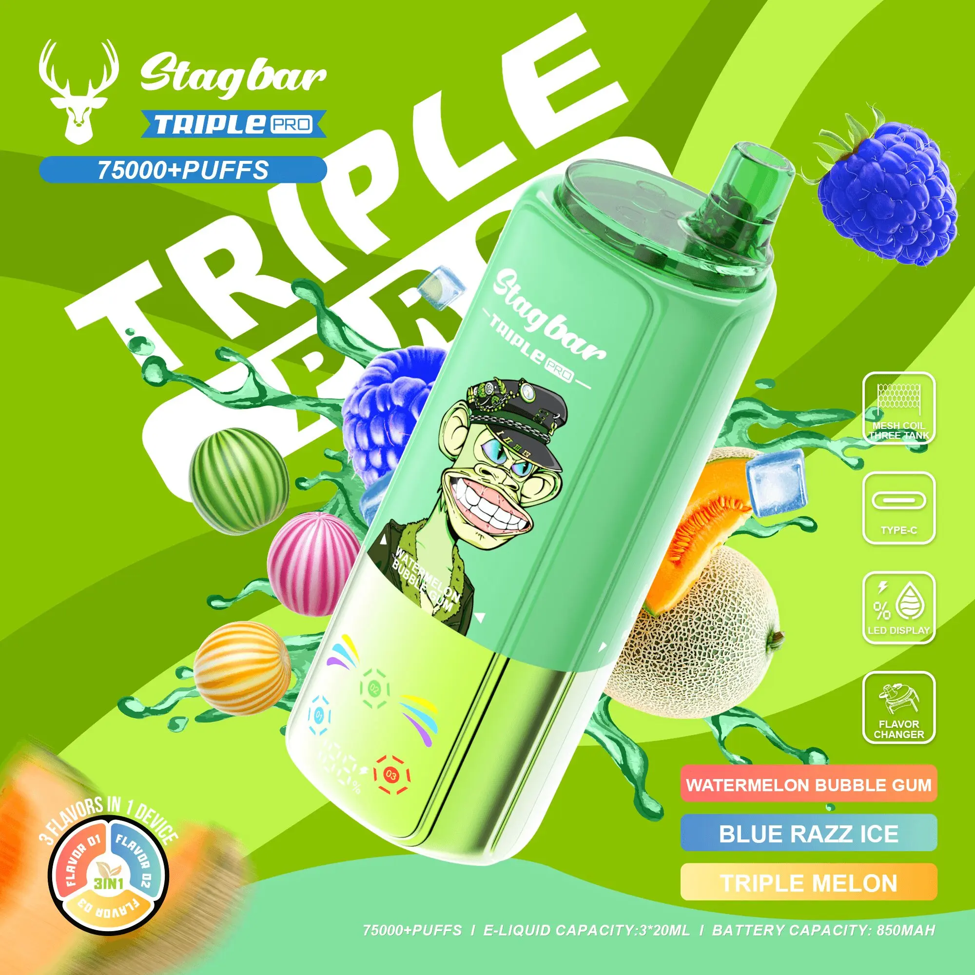 100vaping-stag-bar-triple-pro-75000-puffs-watermelon-bubble-gum-blue-razz-ice-triple-melon Stagbar Triple Pro 75K Puffs Watermelon Bubble Gum Blue Razz Ice Triple Melon Flavor Disposable Vape - 100vaping