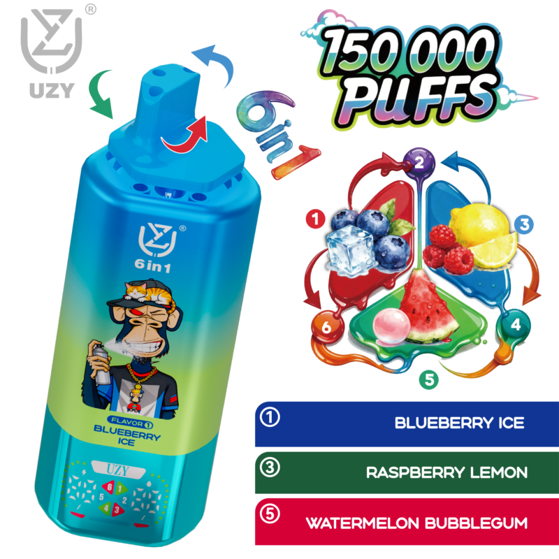 UZY 6 IN 1 150000 Puffs Disposable Vape flavors: 2.Blueberry Ice, Raspberry Lemon and Watermelon Bubblegum